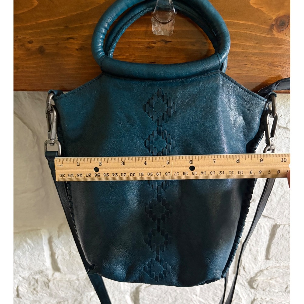 Vintage Latico Teal Leather Handbag Whipstitch Crossbody Tote Geometric Detail - Picture 12 of 17